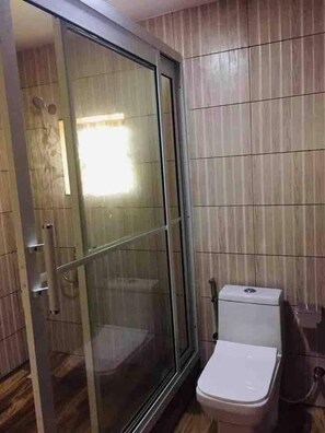 A bathroom with a glass shower enclosure, a toilet, and a tiled wall.