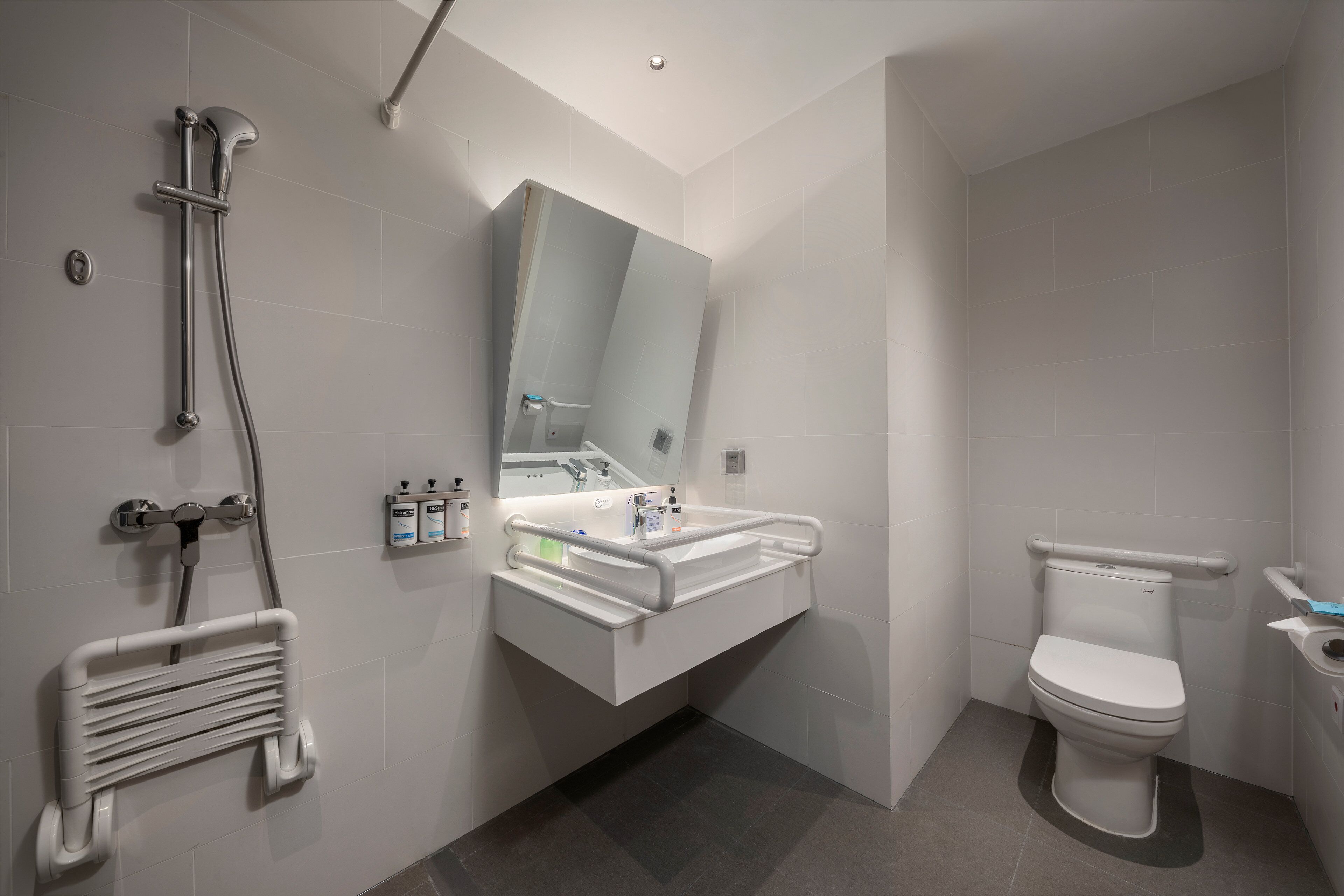 Une salle de bain moderne équipée d’une douche, de toilettes et d’un lavabo.