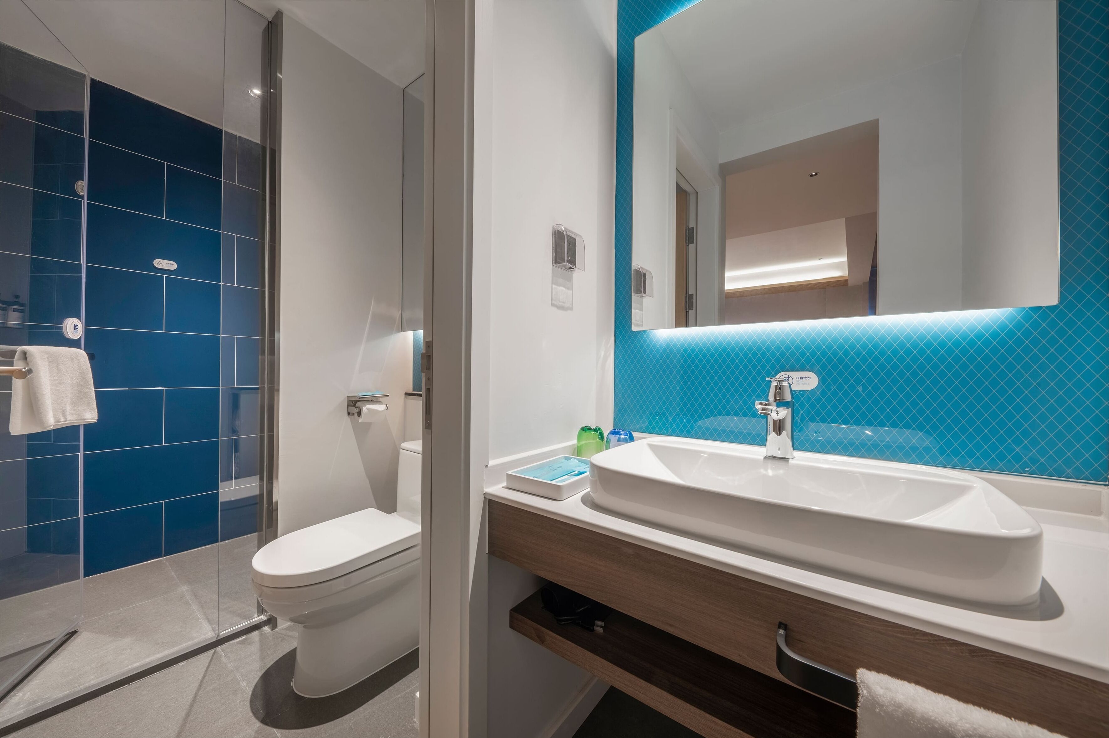Une salle de bain moderne avec des toilettes blanches, un grand lavabo surmonté d’un miroir et une zone de douche carrelée de bleu.