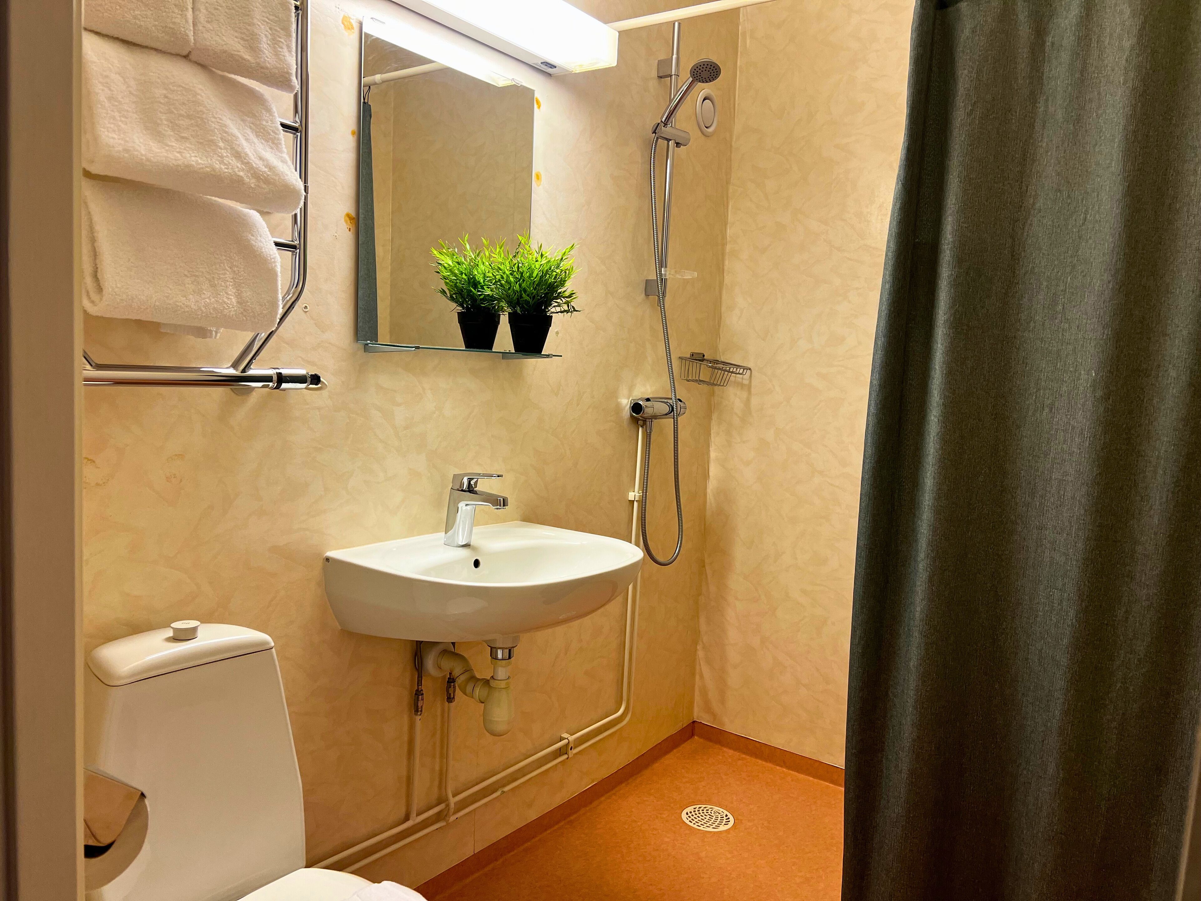 A bathroom with a white sink, a mirror, a shower, and a toilet.