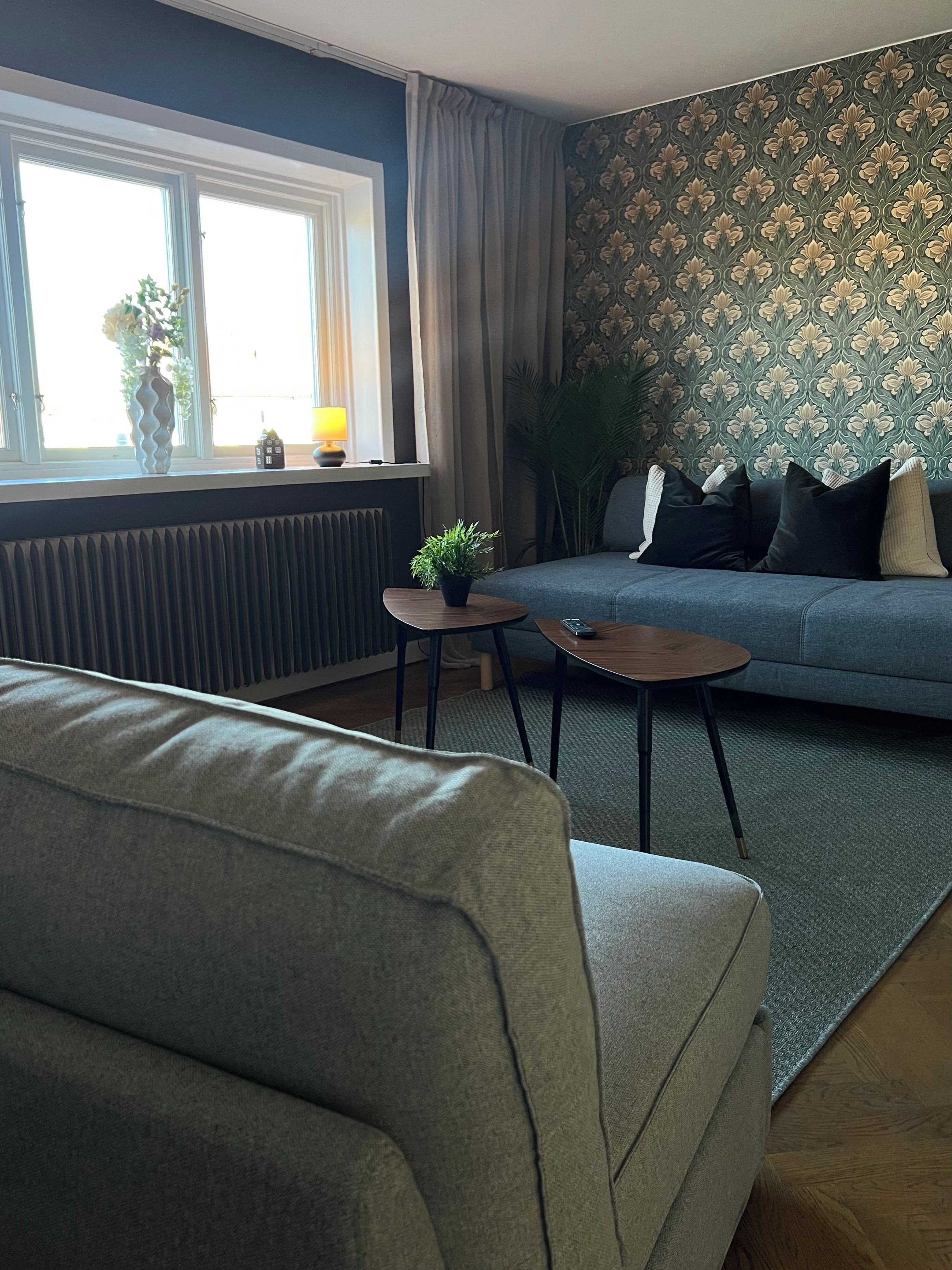 A living room with a grey sofa, two small tables, a radiator, and a window with curtains.
