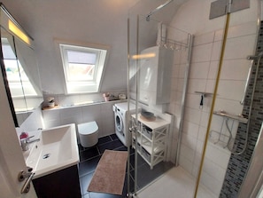 Regadera, secadora de cabello, papel de baño