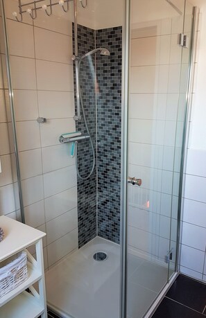 Regadera, secadora de cabello, papel de baño 