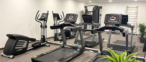 A gym with treadmills, elliptical machines, and a stationary bike.