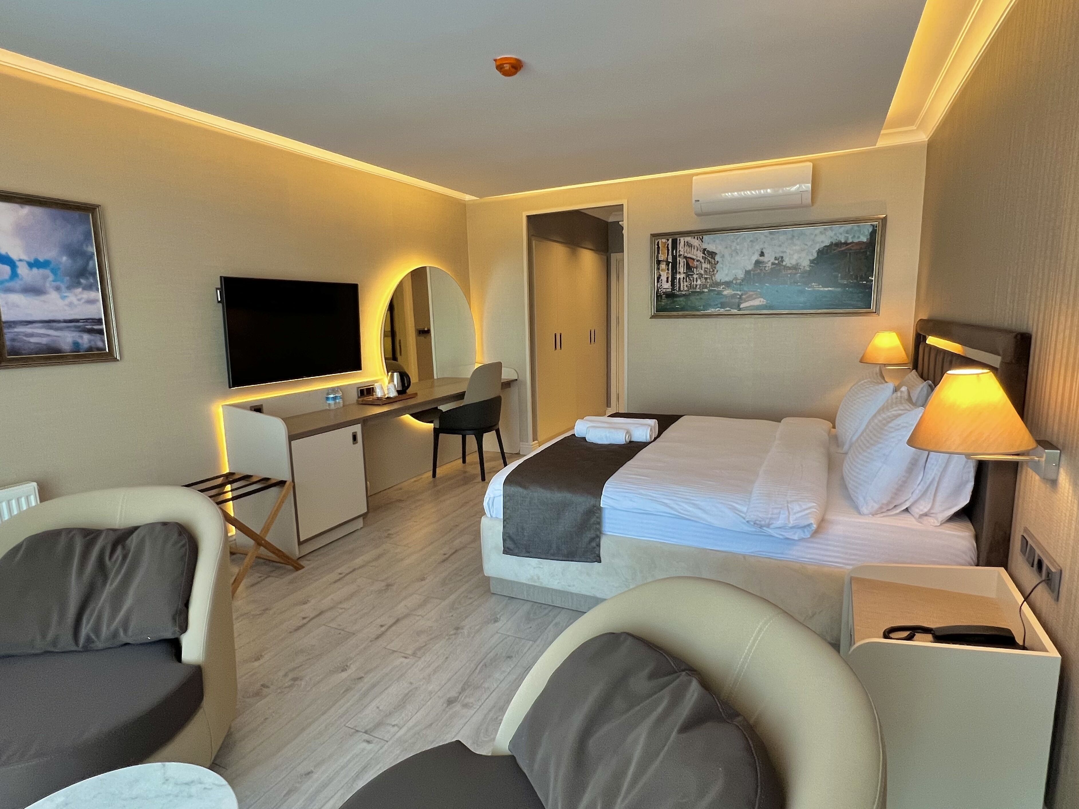 Habitación de hotel con cama, escritorio, silla, televisor y dos lámparas.