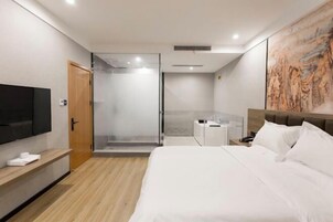 Una habitación de hotel moderna con una cama grande, un televisor, una ducha y un cuadro en la pared.