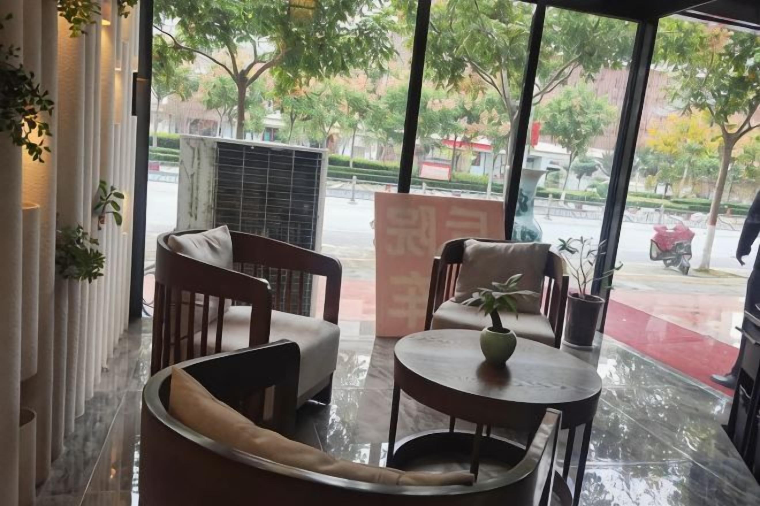 Uma área de estar com sofá, cadeiras e uma mesa, uma planta em vaso e vista para a rua.
