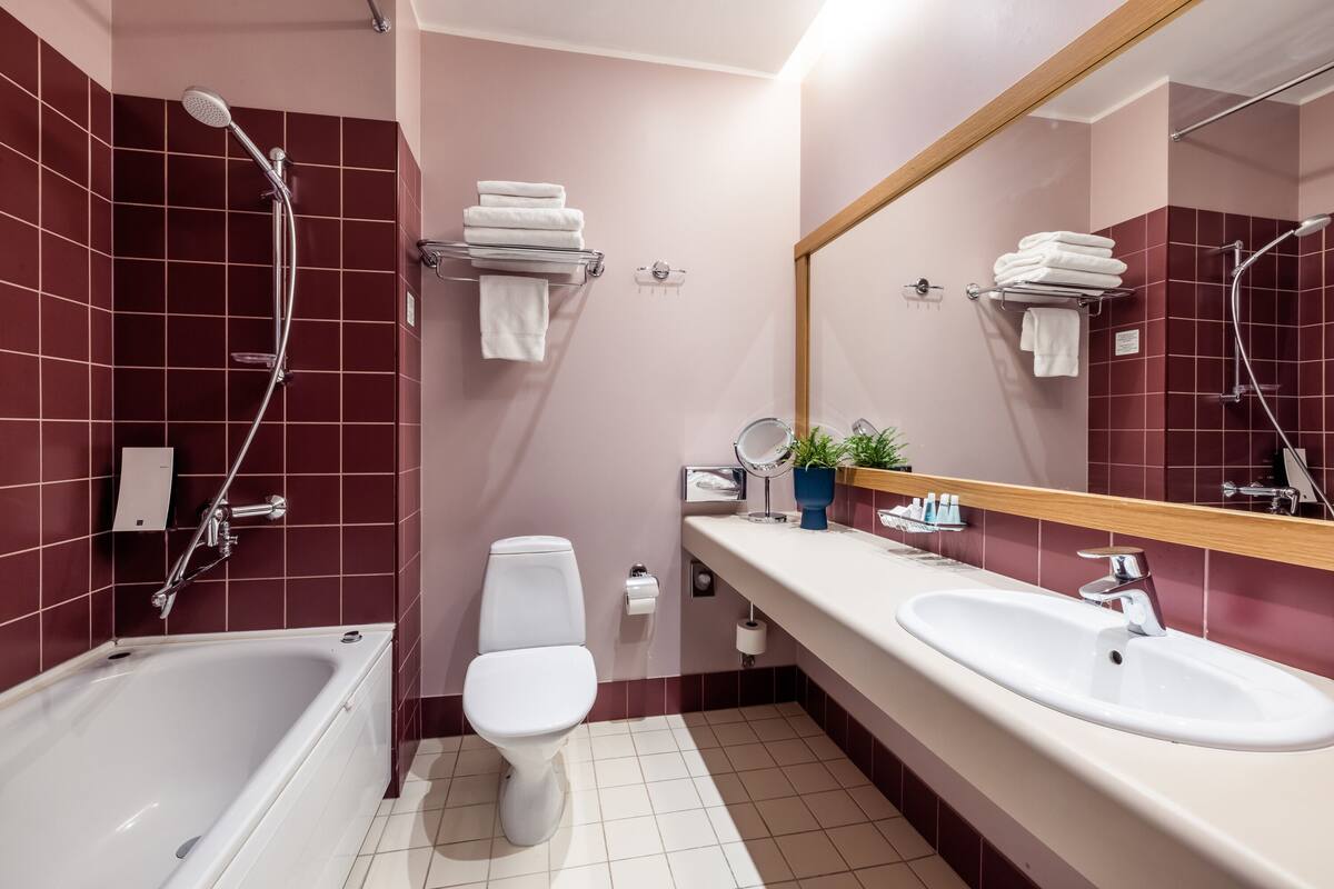 deluxe double room | bathroom | free toiletries, hair dryer, bathrobes, towels