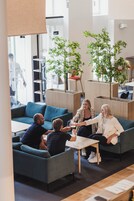 Un espacio lounge moderno con arreglos de asientos y plantas de interior.