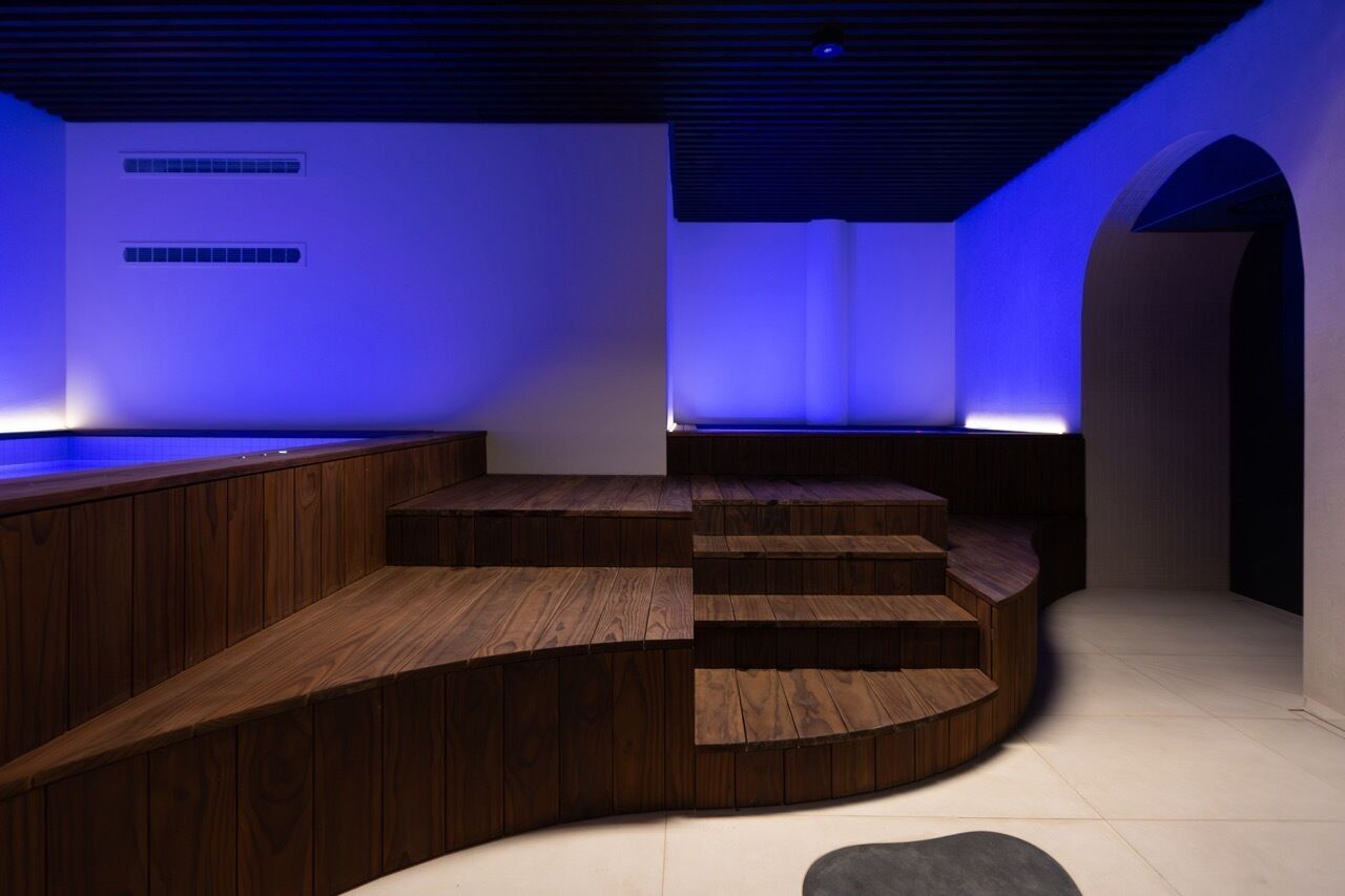 A modern interior with wooden steps leading to a seating area, white walls, and a curved ceiling.