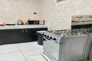 Fridge, microwave, oven, electric kettle