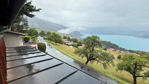 A residential area with a view of a lake and mountains. - Comfortable vacation home overlooking Lake Thun and the Alpine chain (Sigriswil)