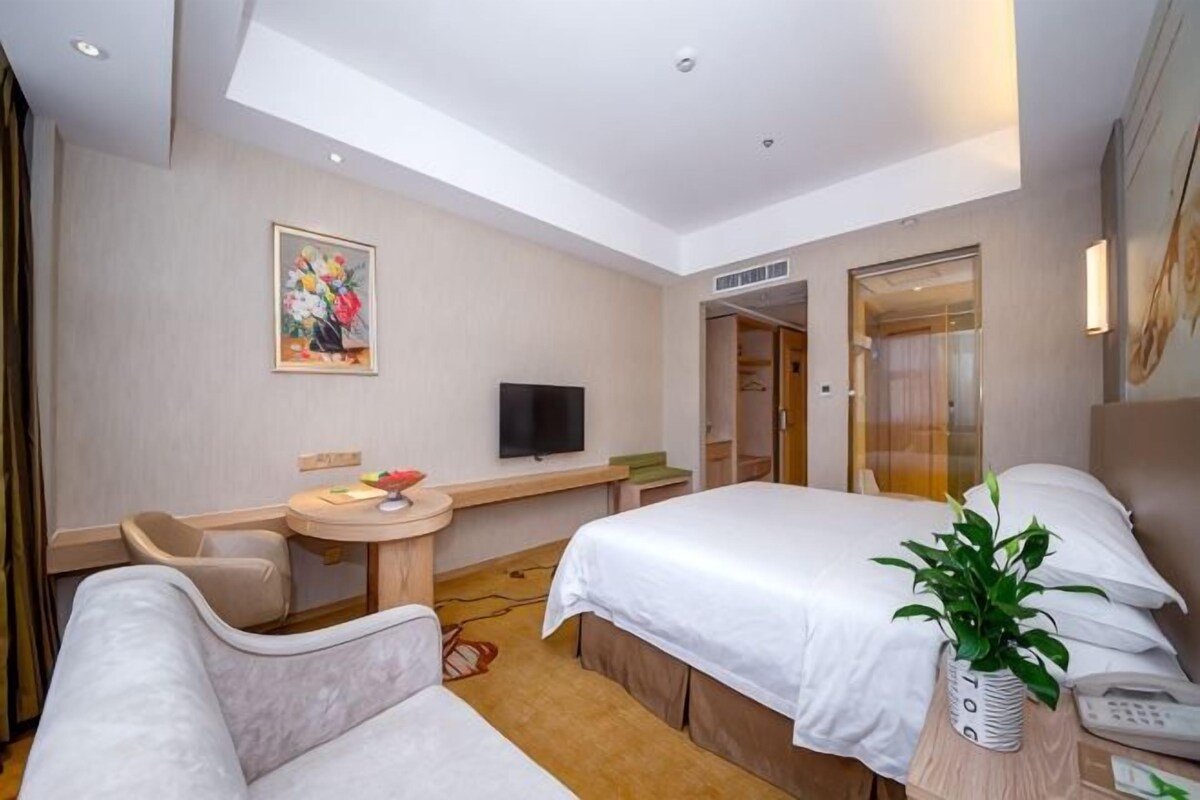 Een hotelkamer met een bed, bureau, stoel, televisie en een plant.