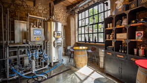 Eine Brauerei mit Edelstahlbehältern, Holzbottichen und einer Bar mit Flaschenregalen.