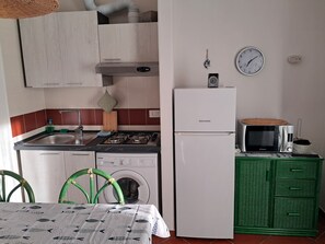 A compact kitchen with a sink, stove, microwave, and a washing machine.