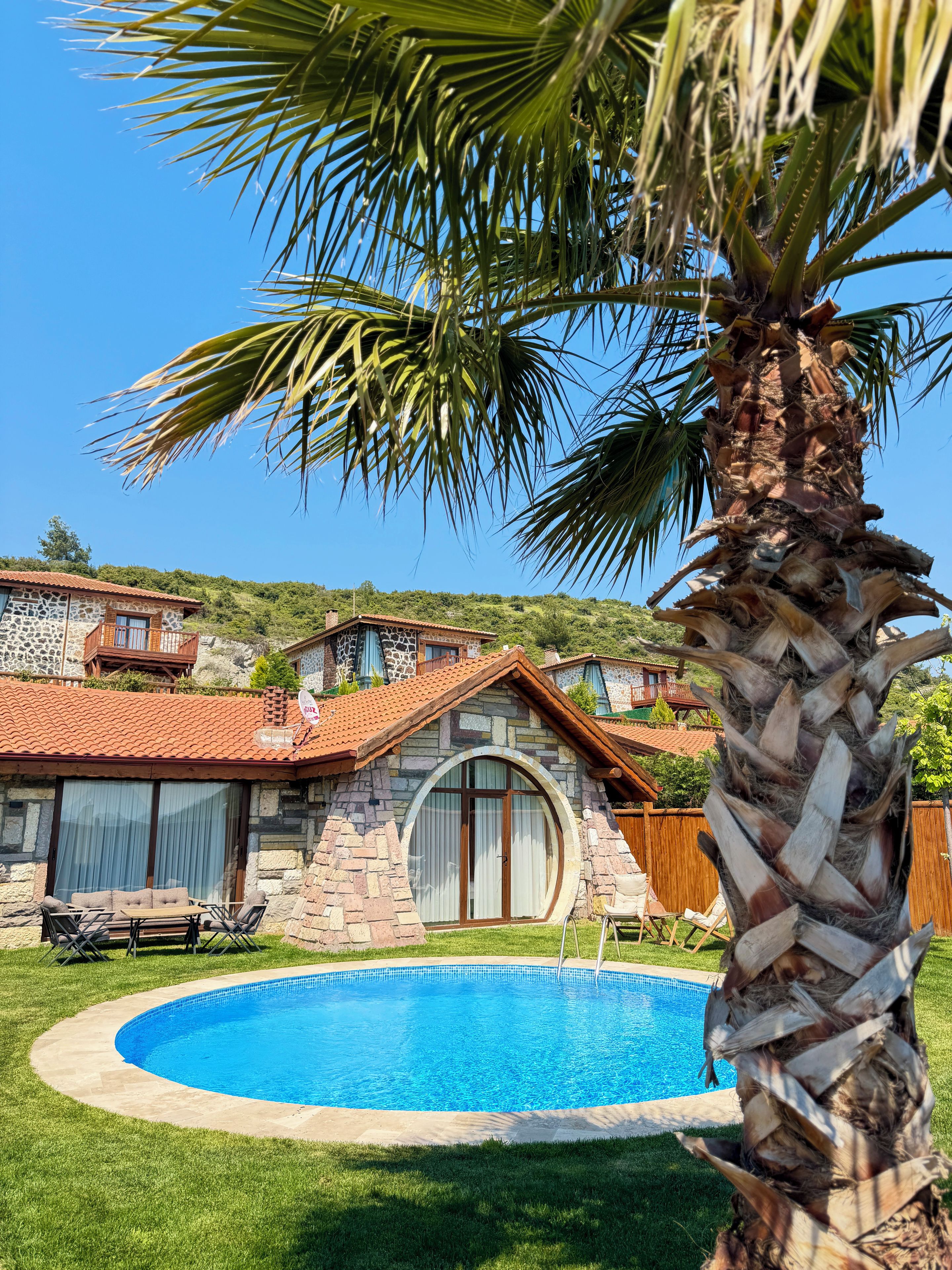 A swimming pool surrounded by a stone house with a tiled roof, a palm tree, and a clear blue sky.