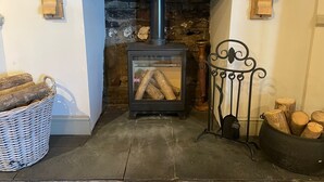 A wood-burning stove with logs inside, a stone wall, and a metal gate. - Punch House (Monmouth)