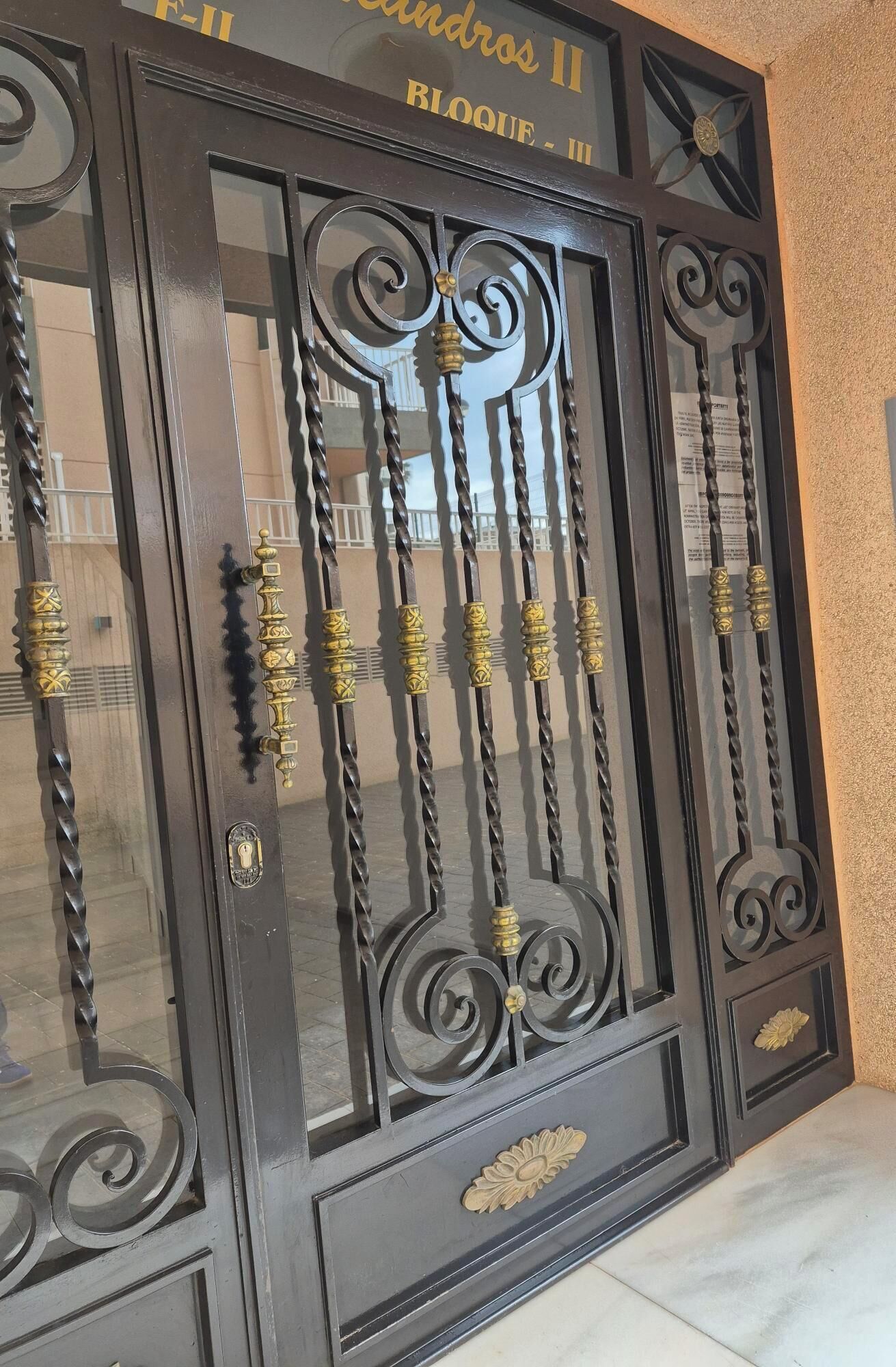 A black metal gate with intricate designs and a brass keyhole.