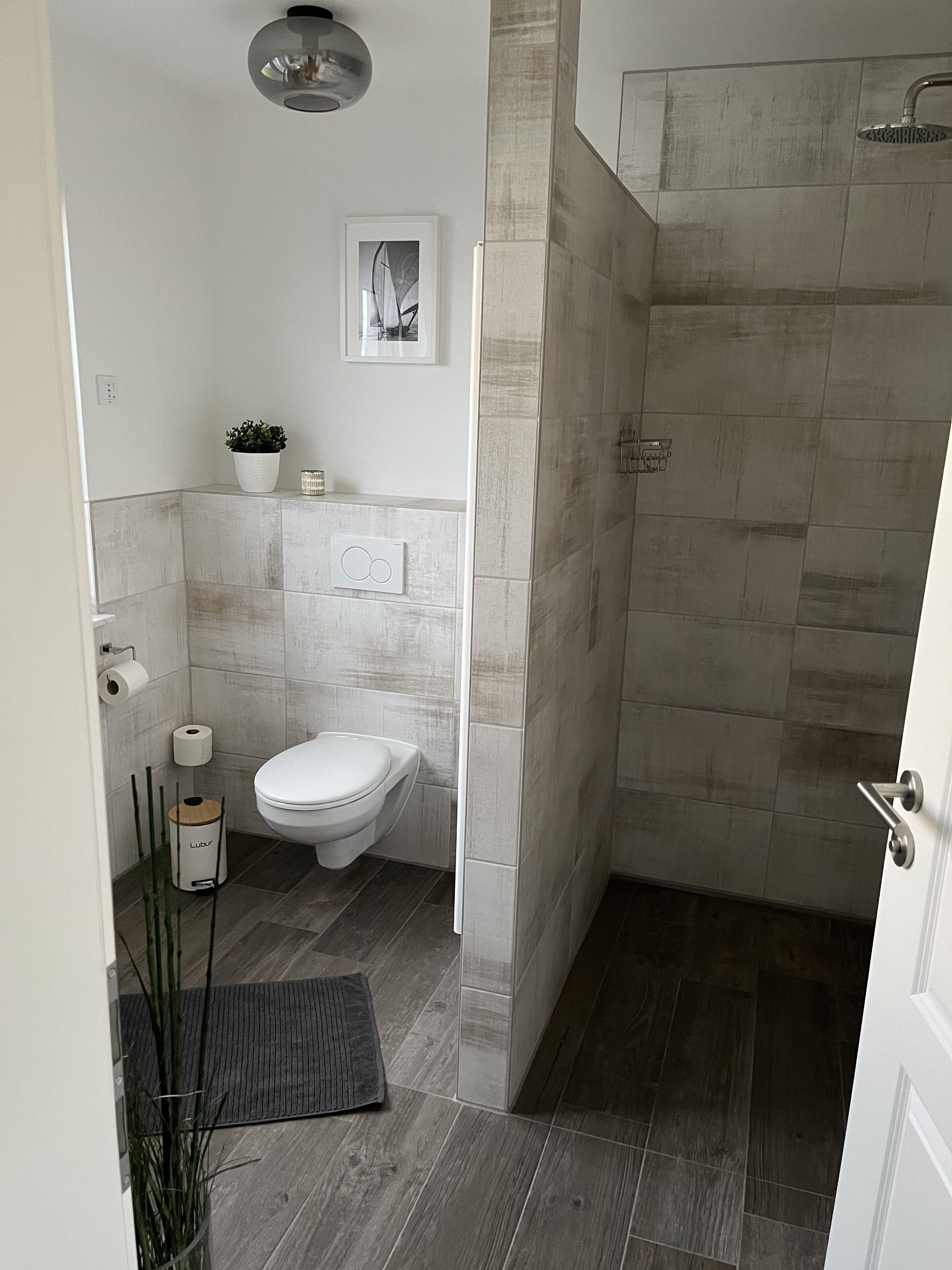 Et moderne badeværelse med toilet, bruser og en lille potteplante på bordet.