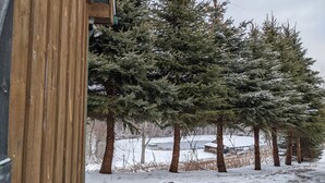 A wooden building with a snow-covered landscape and evergreen trees in the background. - Countryside Cabin on 40 Private Acres Along Johnson Creek (Lyndonville)