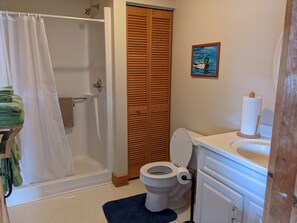 Shower, towels, soap, toilet paper