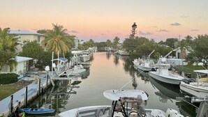Un port de plaisance où des bateaux sont amarrés le long de la rive, entouré de bâtiments et de palmiers.