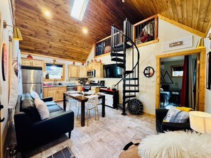 Smart TV, fireplace, DVD player, books