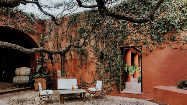 Un patio exterior con mobiliario blanco, suelo de piedra y pared roja cubierta de hiedra.
