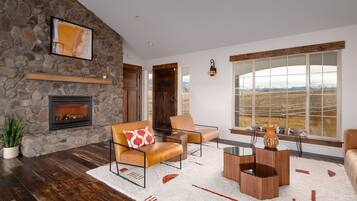 TV connectée, cheminée, livres