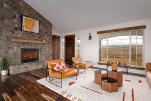 Smart TV, fireplace, books