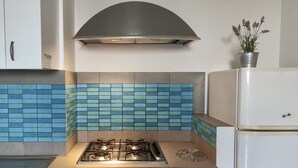 A kitchen with a gas stove, a stainless steel range hood, and a refrigerator. - Accommodation Mediterraneo Verde - Marzamemi (Marzamemi)
