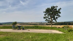 A picnic area with benches and a table, surrounded by grass and trees, overlooking a rural landscape with fields and hills. - Vacation apartment in the Moselle valley, near the Middle Moselle (Raversbeuren)