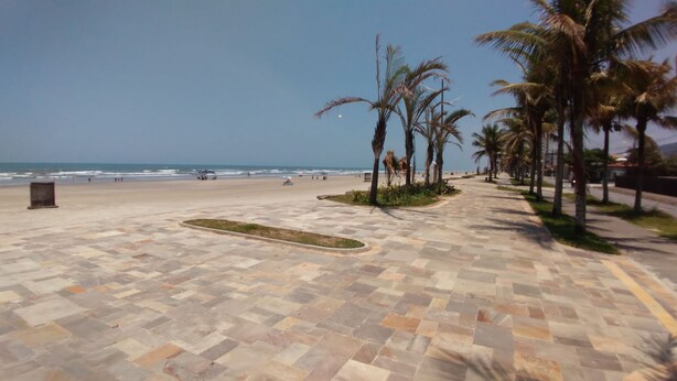Ein gepflasterter Weg mit Palmen und einem Strand im Hintergrund.