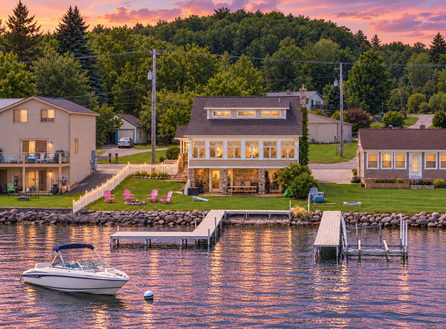 A waterfront property with a dock, a boat, and a house with a stone facade.