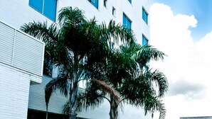 A modern building with a white facade, large windows, and a landscaped garden with palm trees and a winding pathway. - Favorita Golden Hotel e Eventos (Sao Jose)