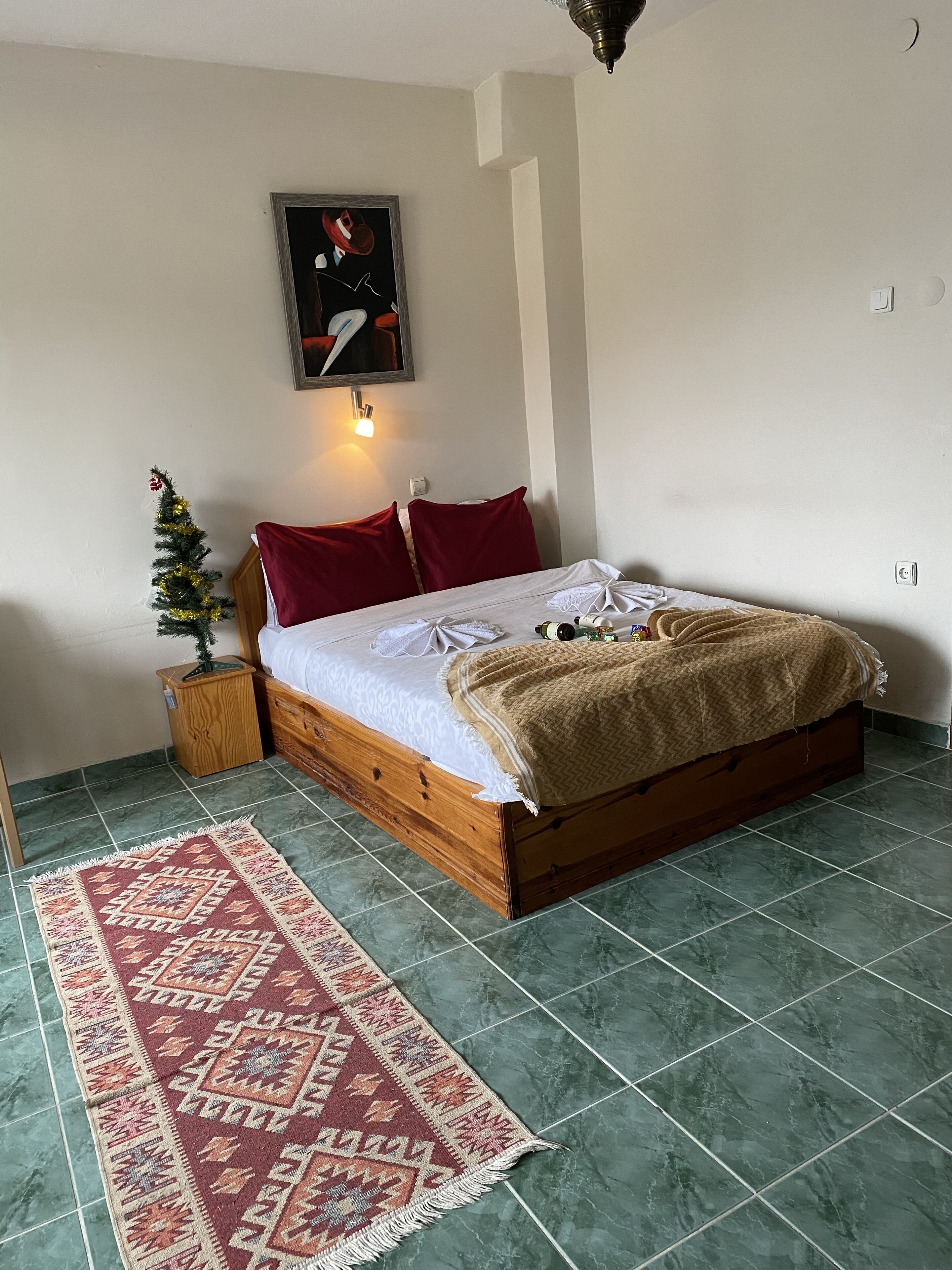 A neatly made bed with a red and white blanket, a small wooden nightstand with a plant, a red pillow, and a framed picture on the wall.