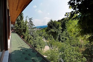Un balcón con vistas a un paisaje verde exuberante y montañas distantes.