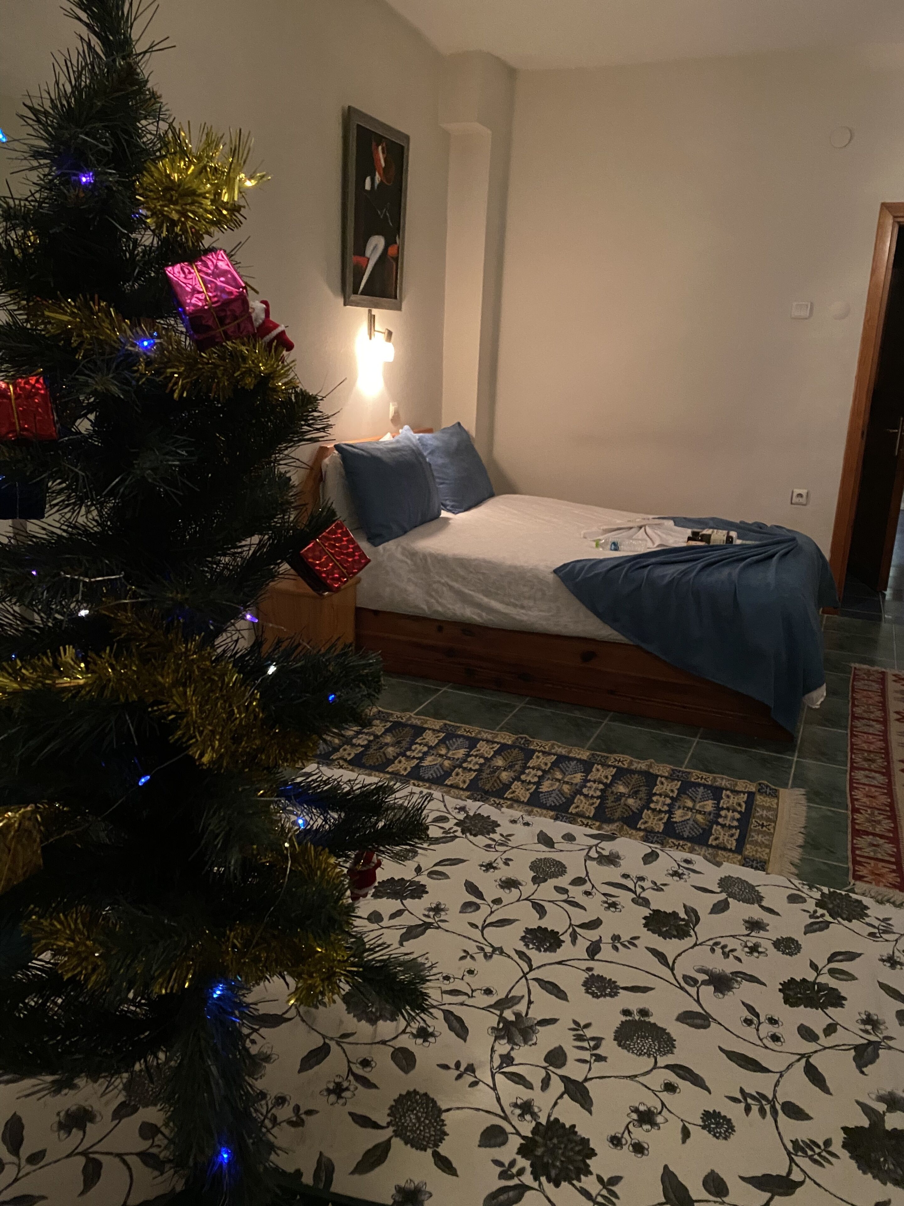 A bedroom with a bed, a Christmas tree, and a floral-patterned rug.