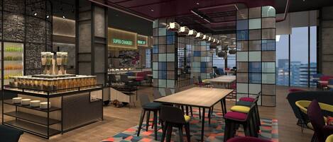A modern cafe with a bar area, seating, and a view of the city.