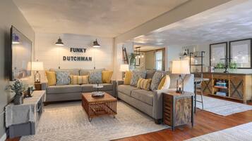 Smart TV, fireplace, video games, DVD player