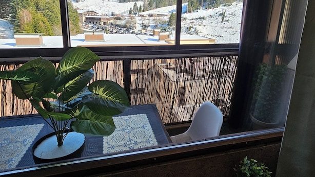 Une pièce avec une grande fenêtre donnant sur un paysage montagneux enneigé, une plante en pot et une chaise.
