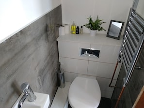 Shower, rainfall showerhead, free toiletries, hair dryer