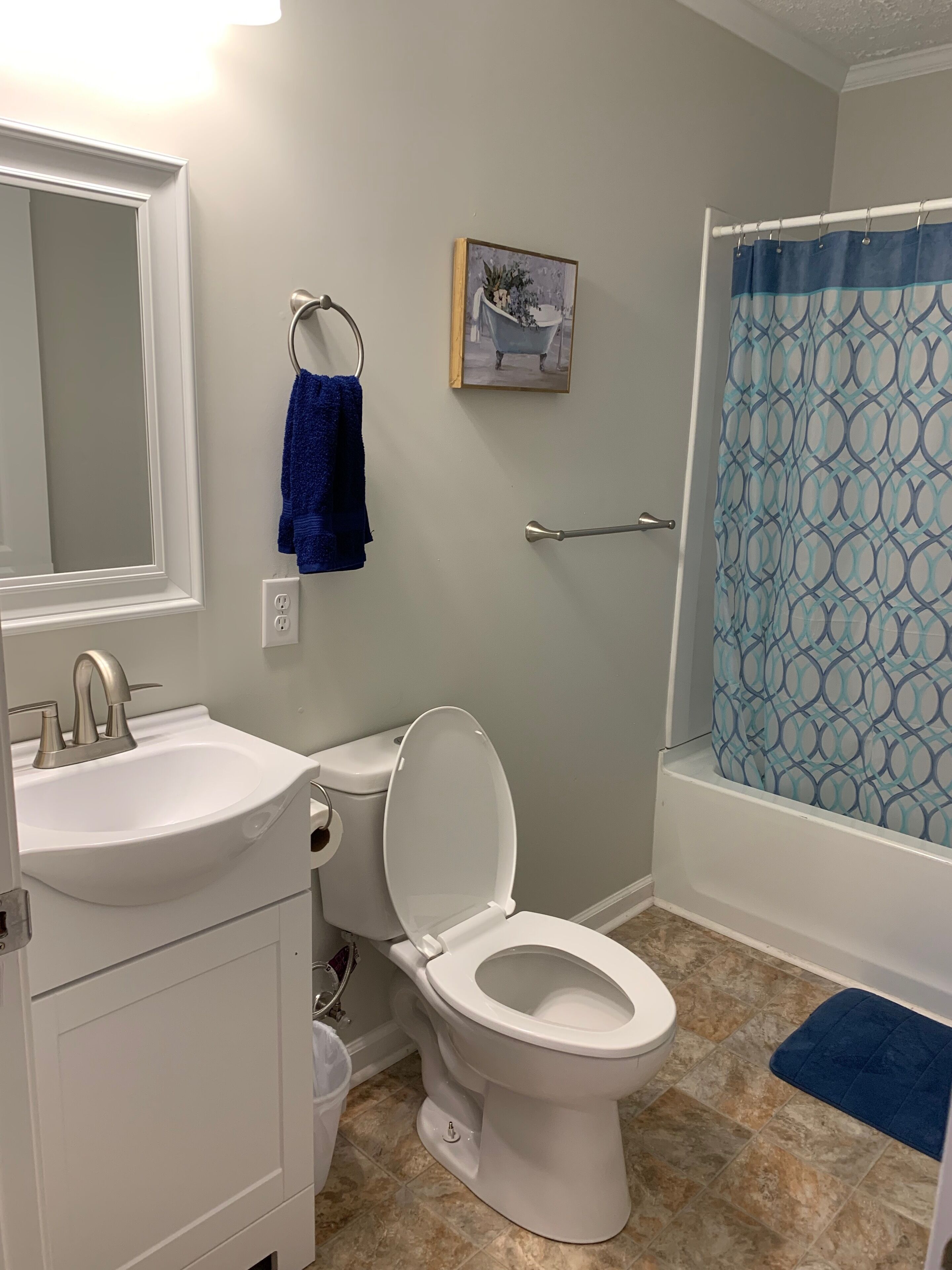 Combined shower/tub, towels, soap, toilet paper