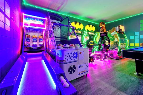 Professional arcade game room inside house! No coins needed.