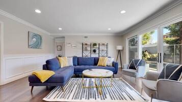 Smart TV, fireplace, foosball, books