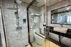 A modern bathroom with a glass-enclosed shower, a white toilet, a sink, and a large mirror.
