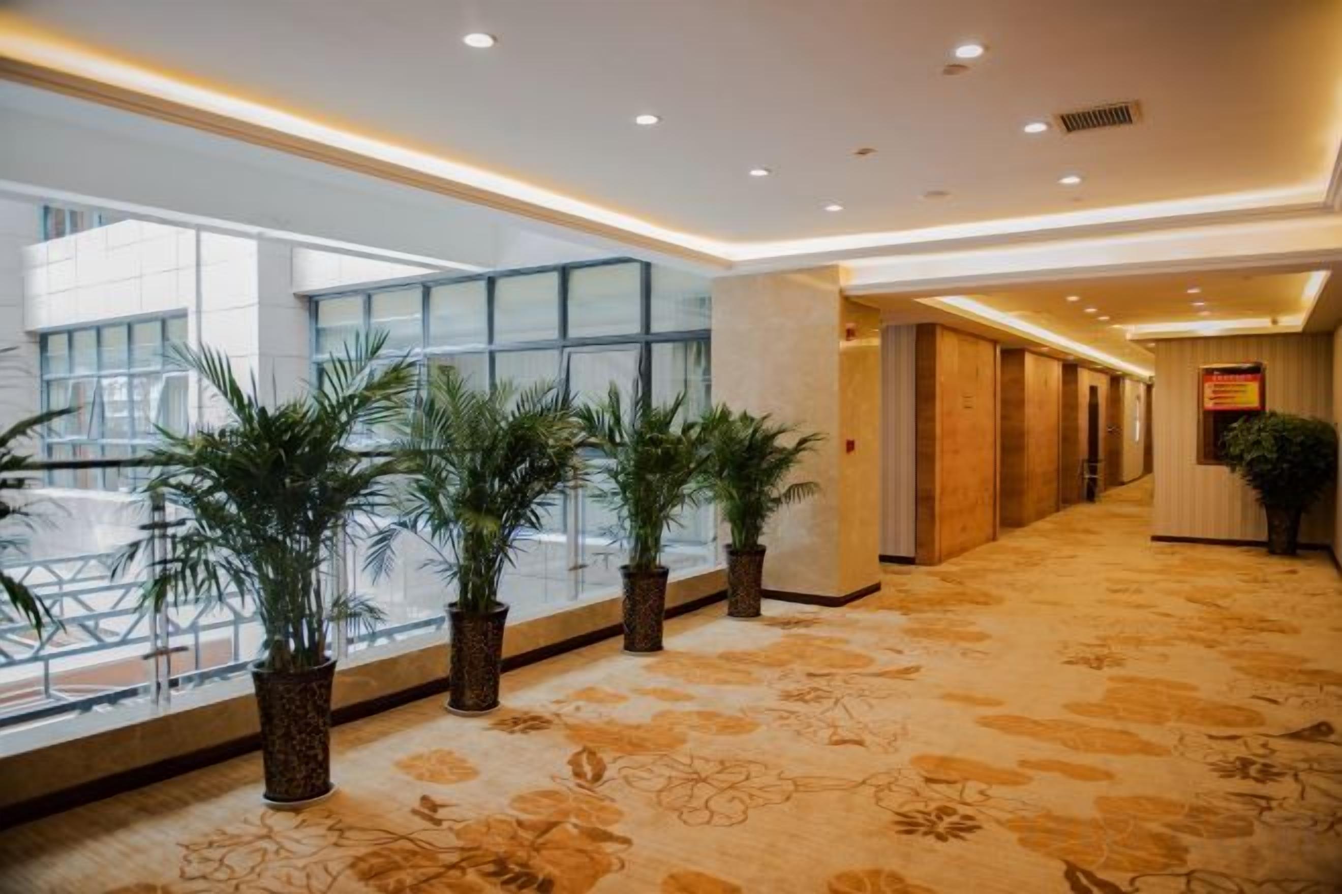 Passadís d'hotel amb plantes en testos, un sòl amb disseny i vistes a través de grans finestres.