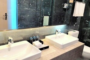 A bathroom with two sinks, a mirror, and a toilet.