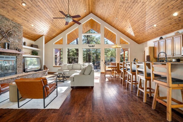 TV connectée, cheminée, jeux vidéo, livres