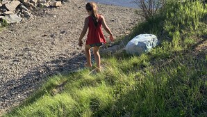 A person walking along a rocky lakeshore with a view of a calm lake and forested hills in the background. - Lakefront home on McGregor Lake<br>Marion, Montana  (Marion)